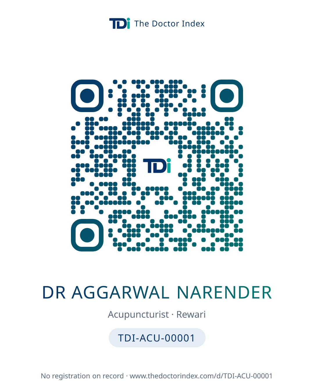 QR card for Dr Aggarwal Narender, TDI-ACU-00001