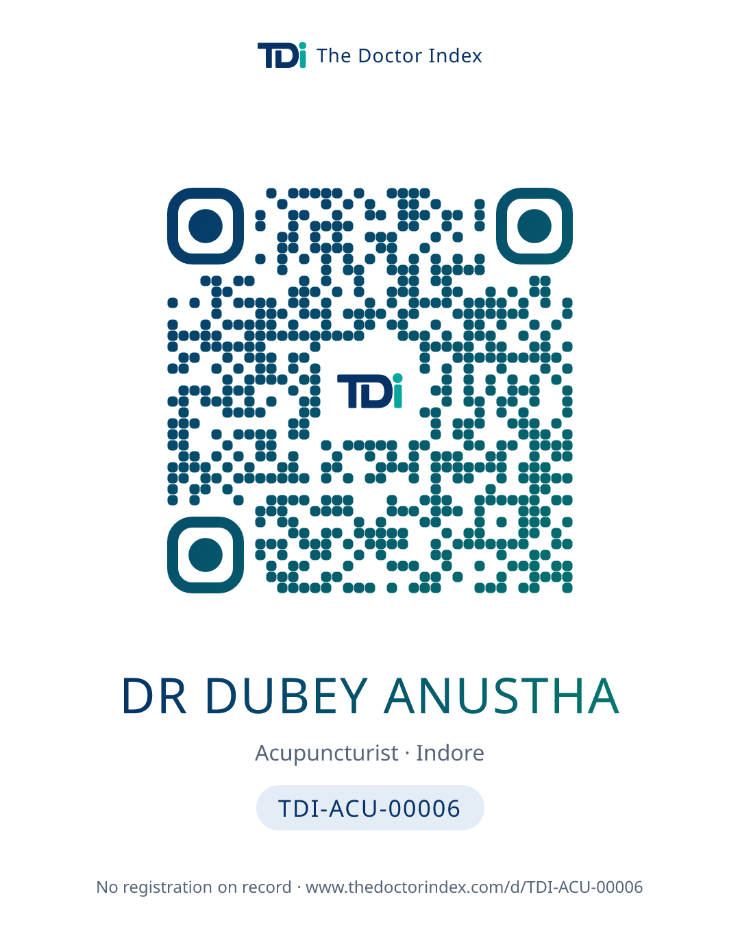 QR card for Dr Dubey Anustha, TDI-ACU-00006