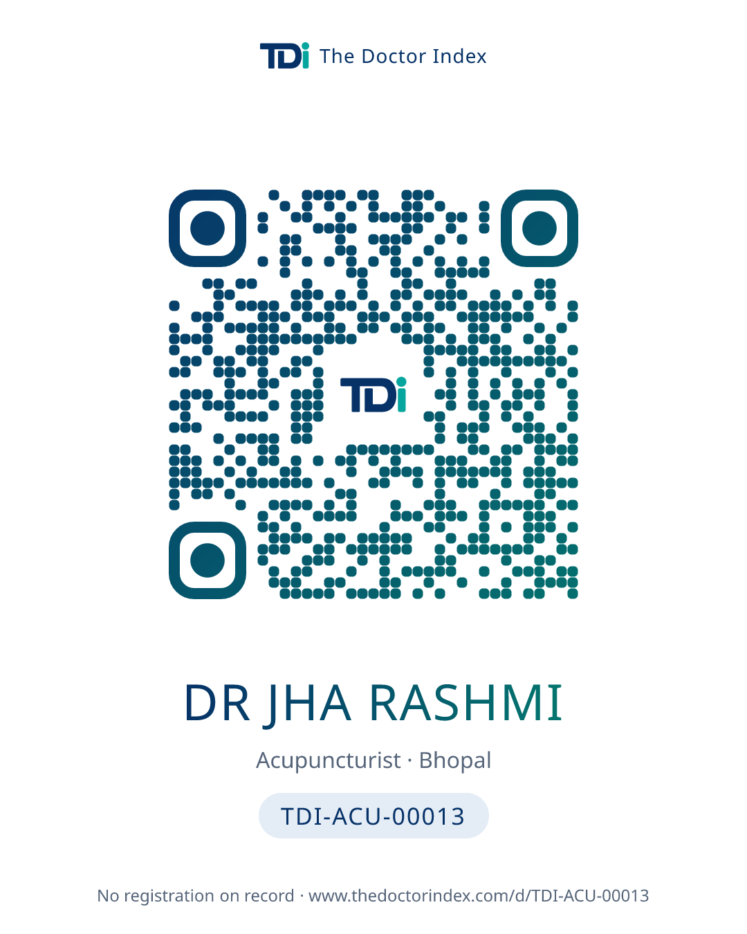 QR card for Dr Jha Rashmi, TDI-ACU-00013