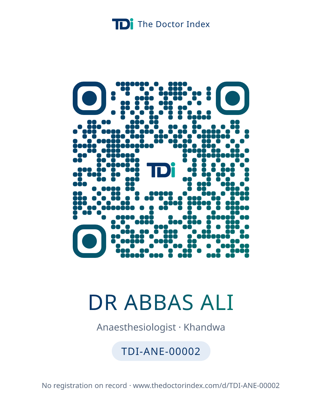 QR card for Dr Abbas Ali, TDI-ANE-00002