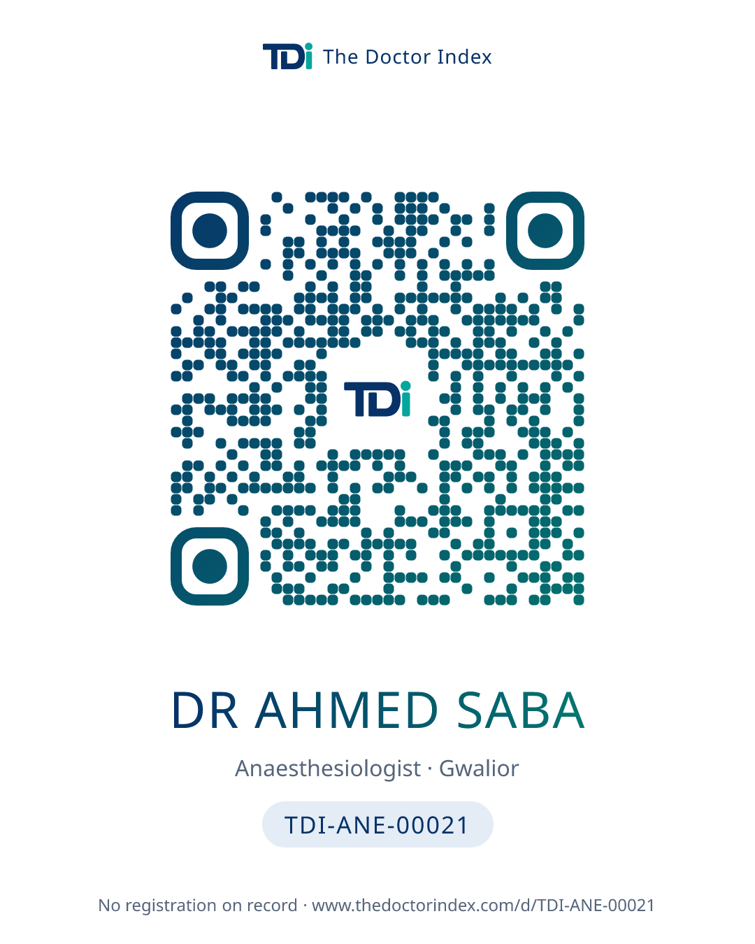 QR card for Dr Ahmed Saba, TDI-ANE-00021