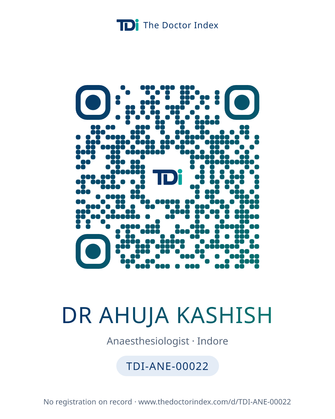 QR card for Dr Ahuja Kashish, TDI-ANE-00022