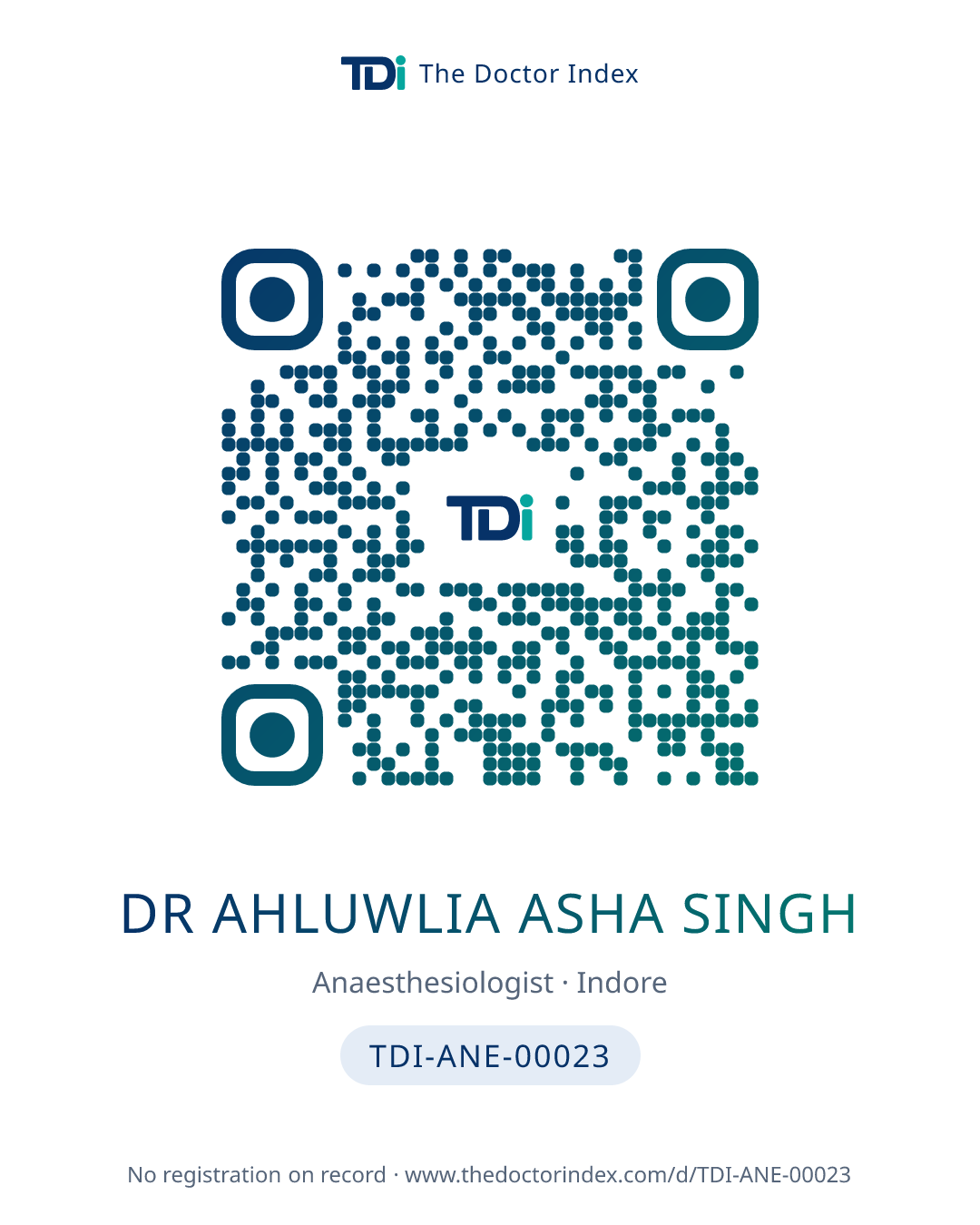 QR card for Dr Ahluwlia Asha Singh, TDI-ANE-00023
