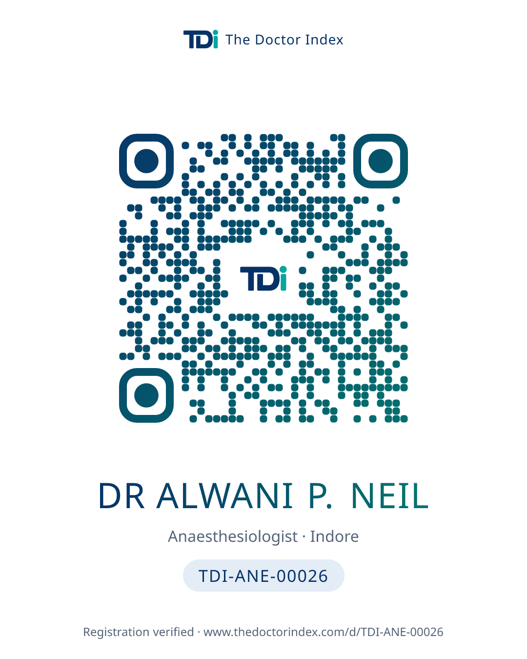 QR card for Dr Alwani P. Neil, TDI-ANE-00026