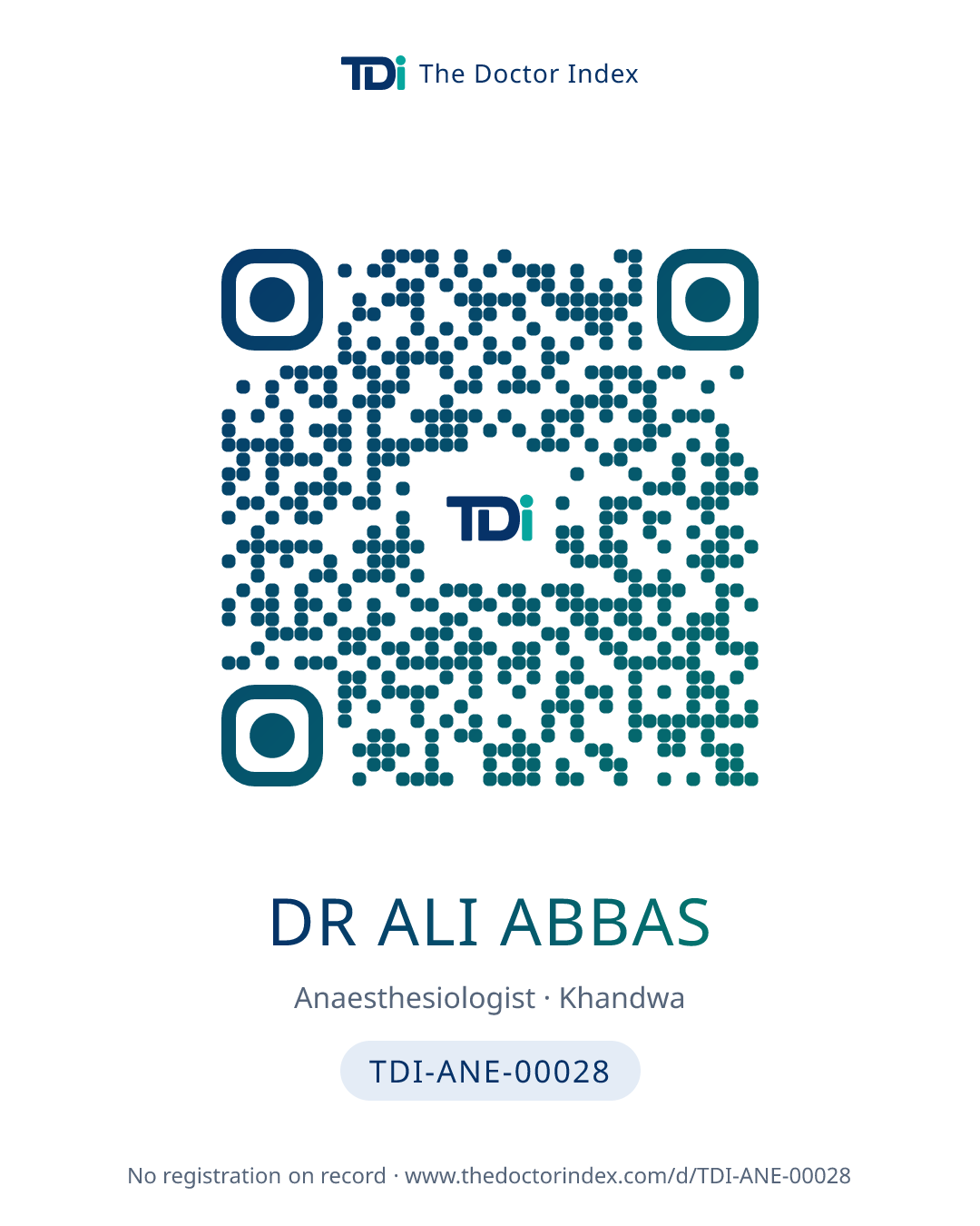 QR card for Dr Ali Abbas, TDI-ANE-00028