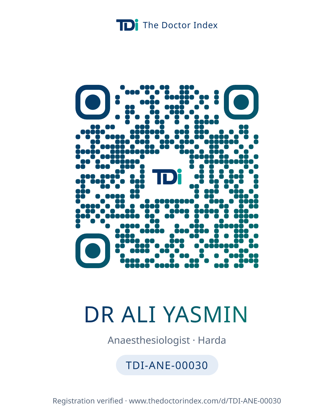 QR card for Dr Ali Yasmin, TDI-ANE-00030