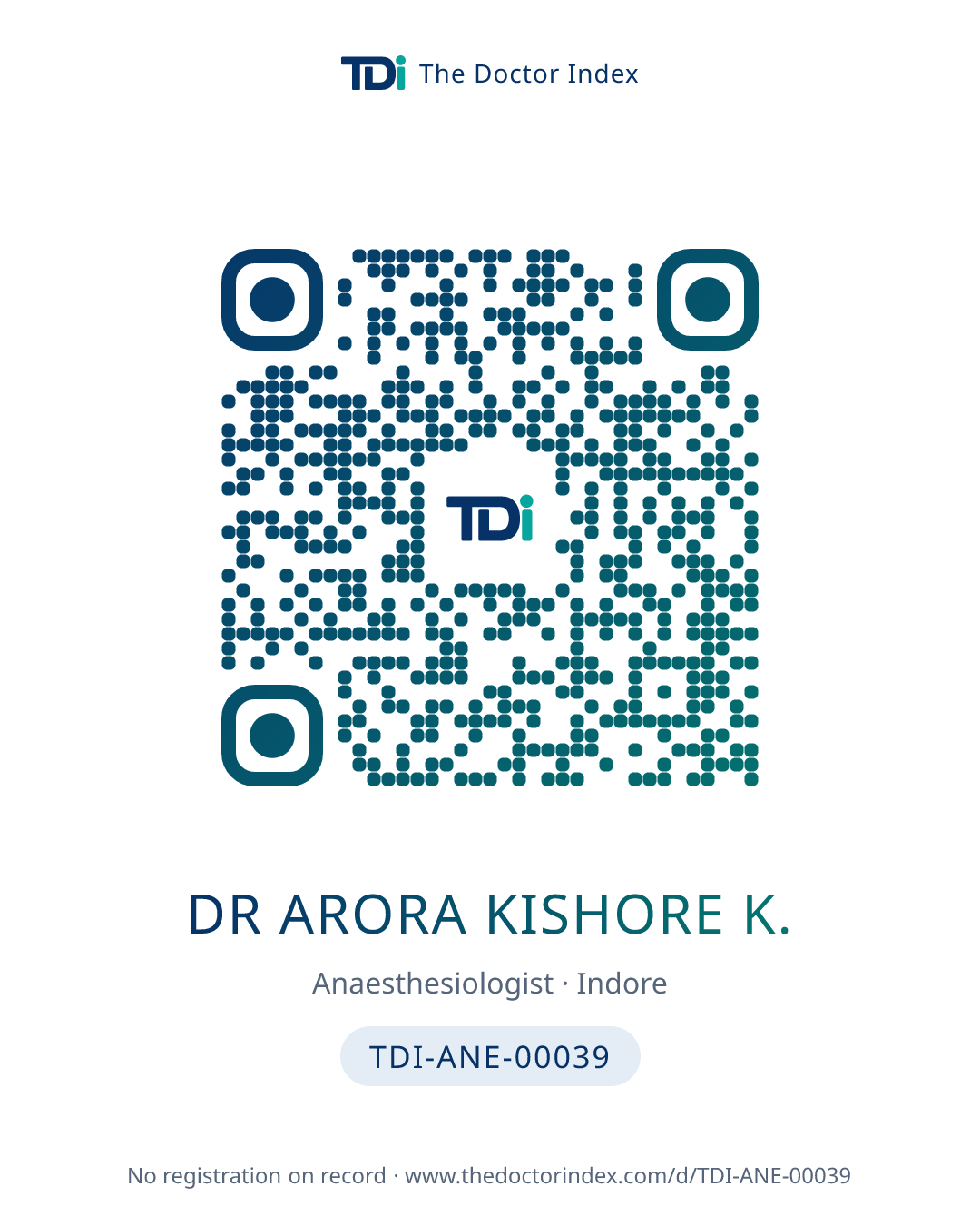 QR card for Dr Arora Kishore K., TDI-ANE-00039