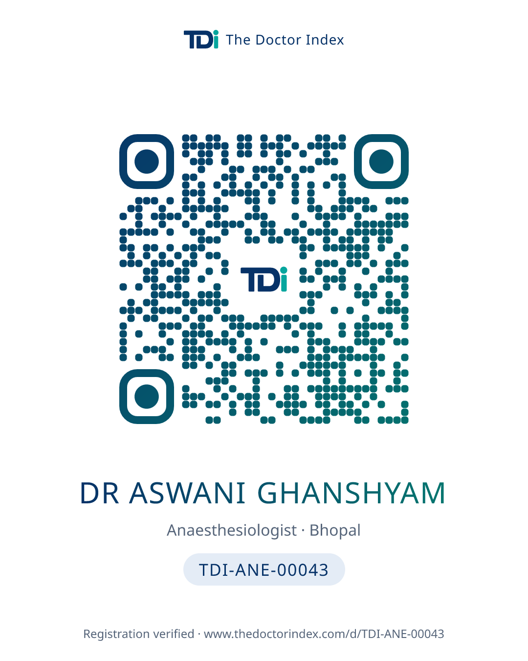 QR card for Dr Aswani Ghanshyam, TDI-ANE-00043