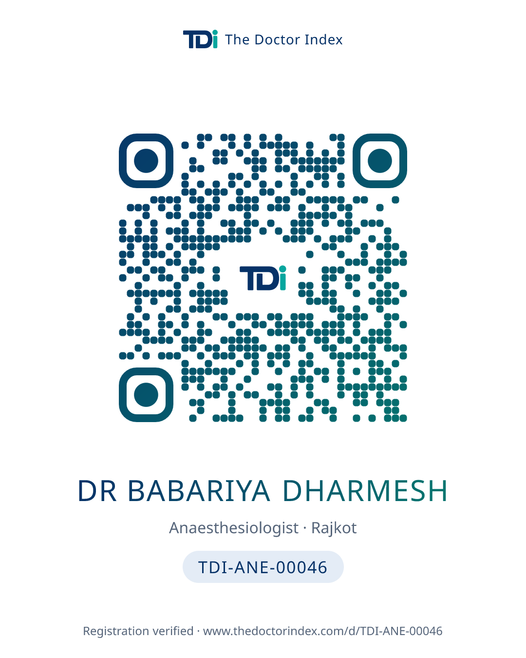 QR card for Dr Babariya Dharmesh, TDI-ANE-00046