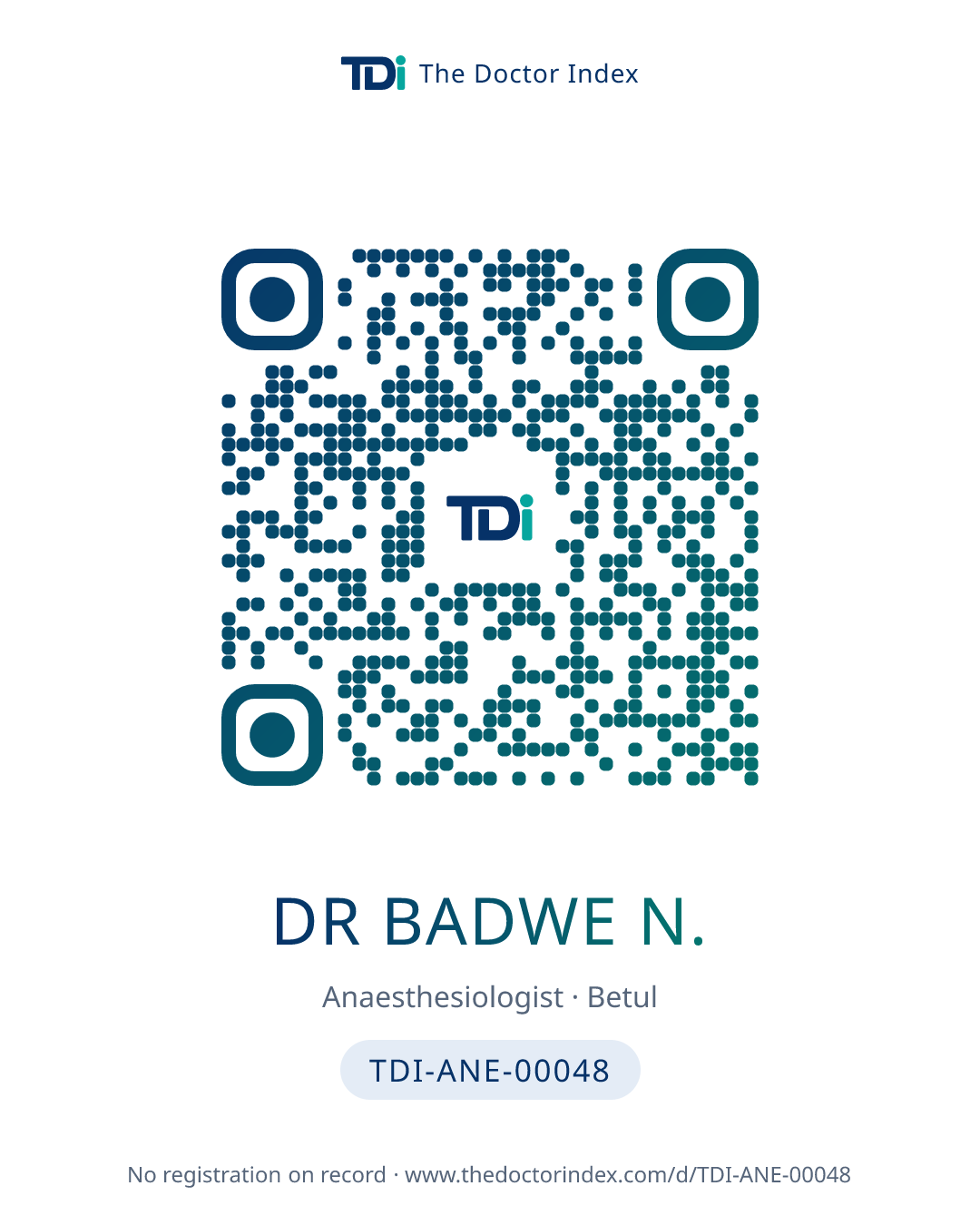 QR card for Dr Badwe N., TDI-ANE-00048