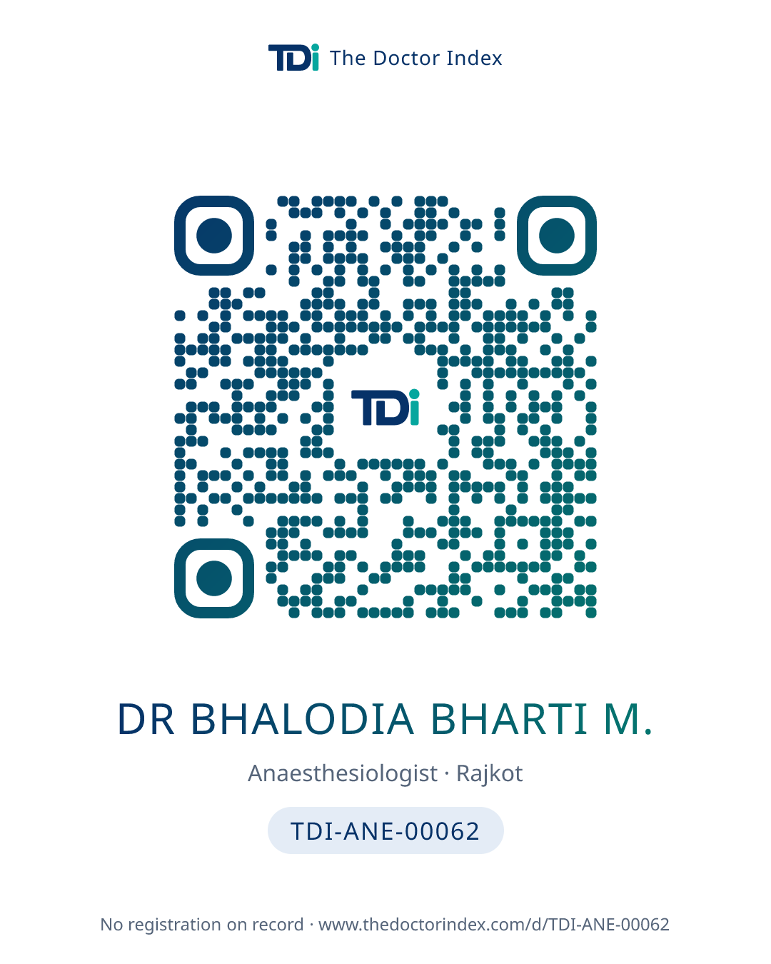 QR card for Dr Bhalodia Bharti M., TDI-ANE-00062
