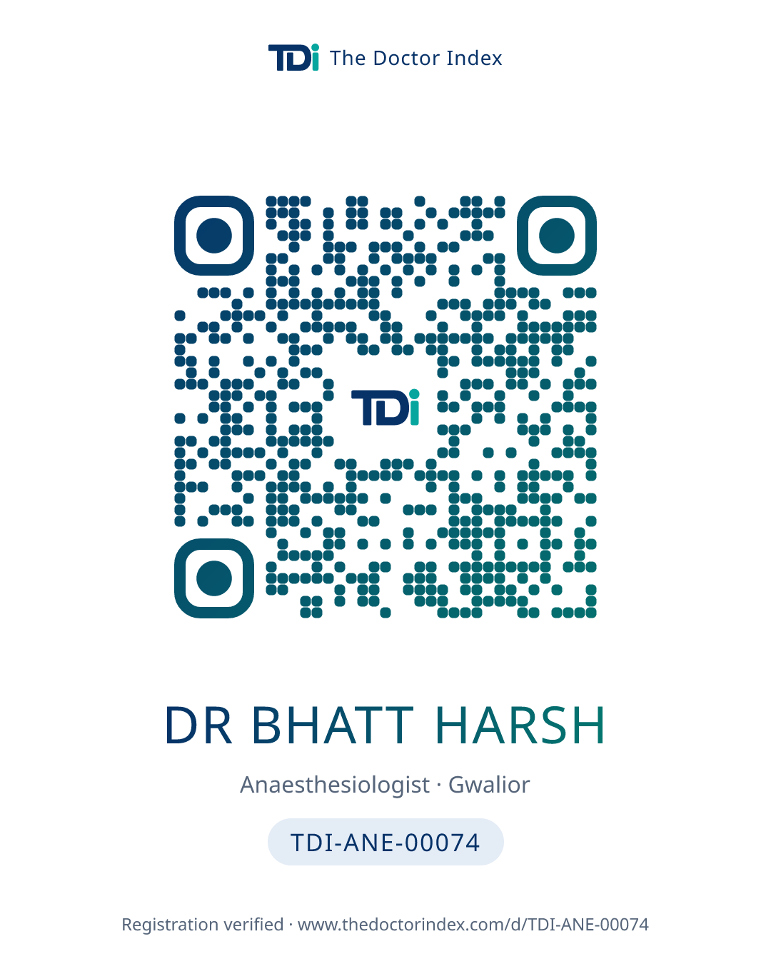 QR card for Dr Bhatt Harsh, TDI-ANE-00074