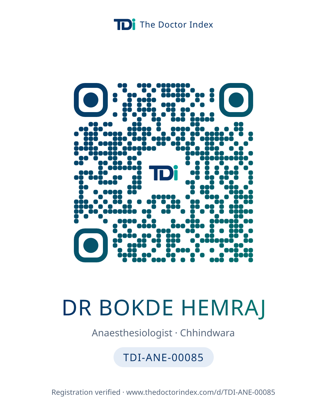 QR card for Dr Bokde Hemraj, TDI-ANE-00085