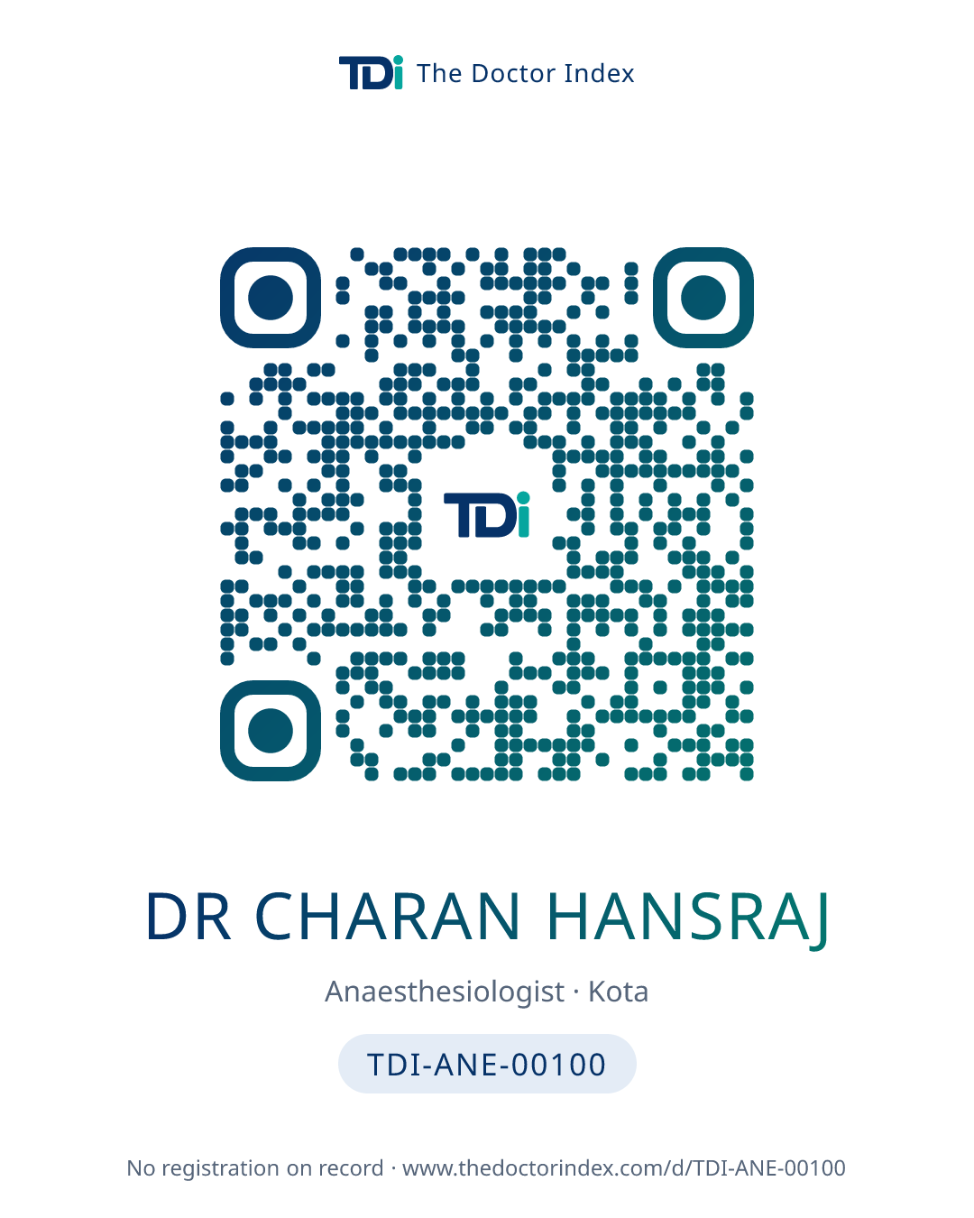 QR card for Dr Charan Hansraj, TDI-ANE-00100