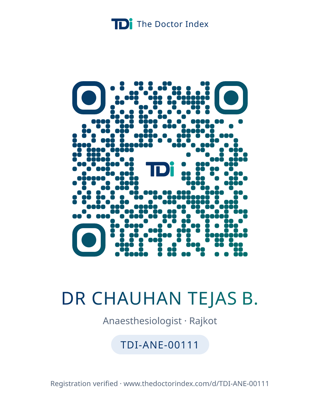 QR card for Dr Chauhan Tejas B., TDI-ANE-00111