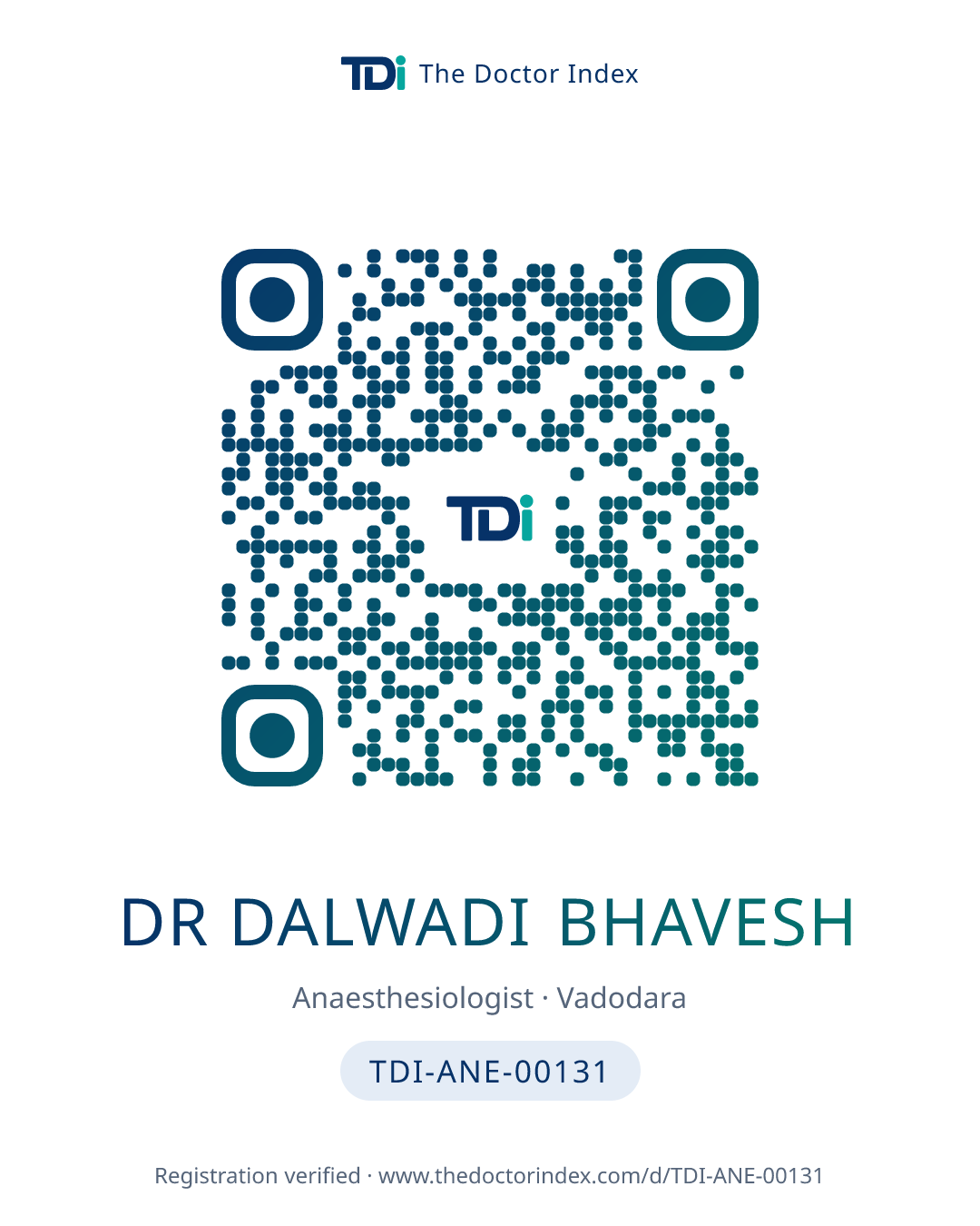 QR card for Dr Dalwadi Bhavesh, TDI-ANE-00131