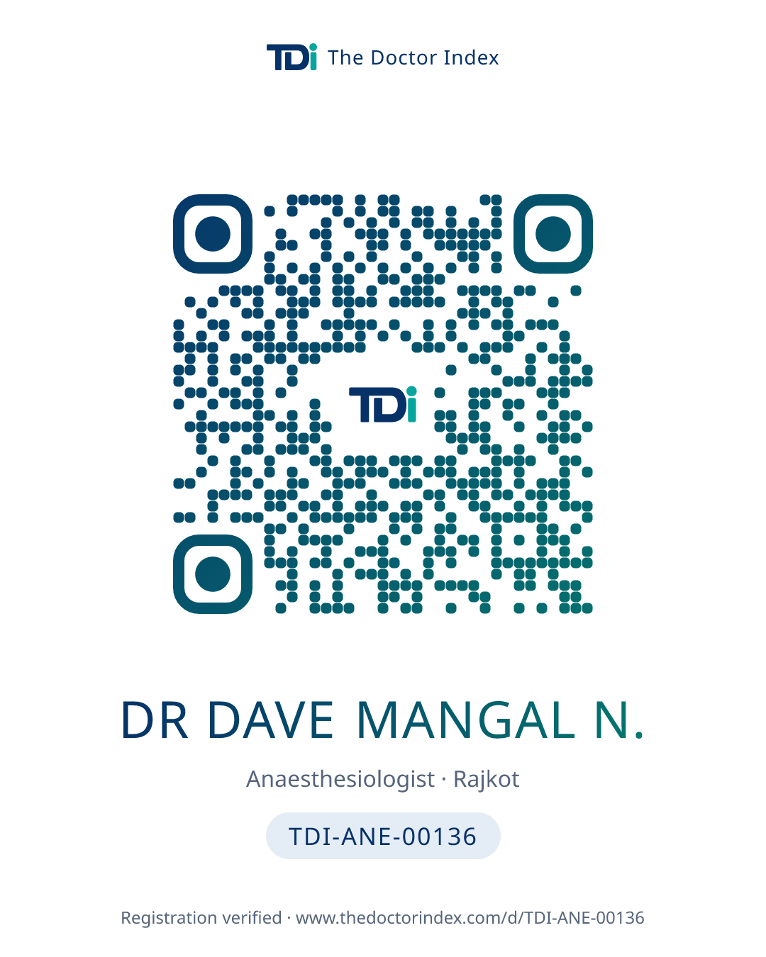 QR card for Dr Dave Mangal N., TDI-ANE-00136