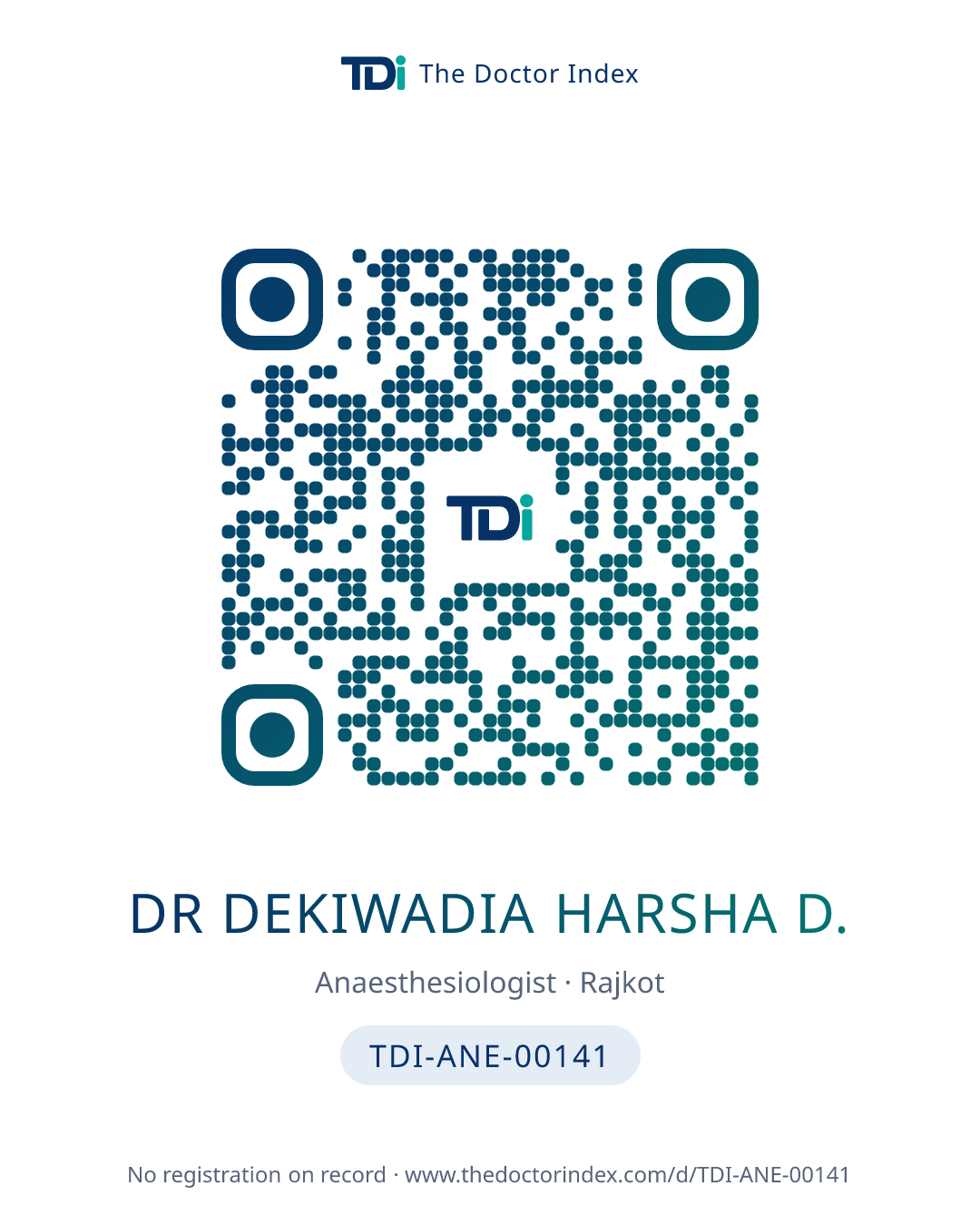 QR card for Dr Dekiwadia Harsha D., TDI-ANE-00141