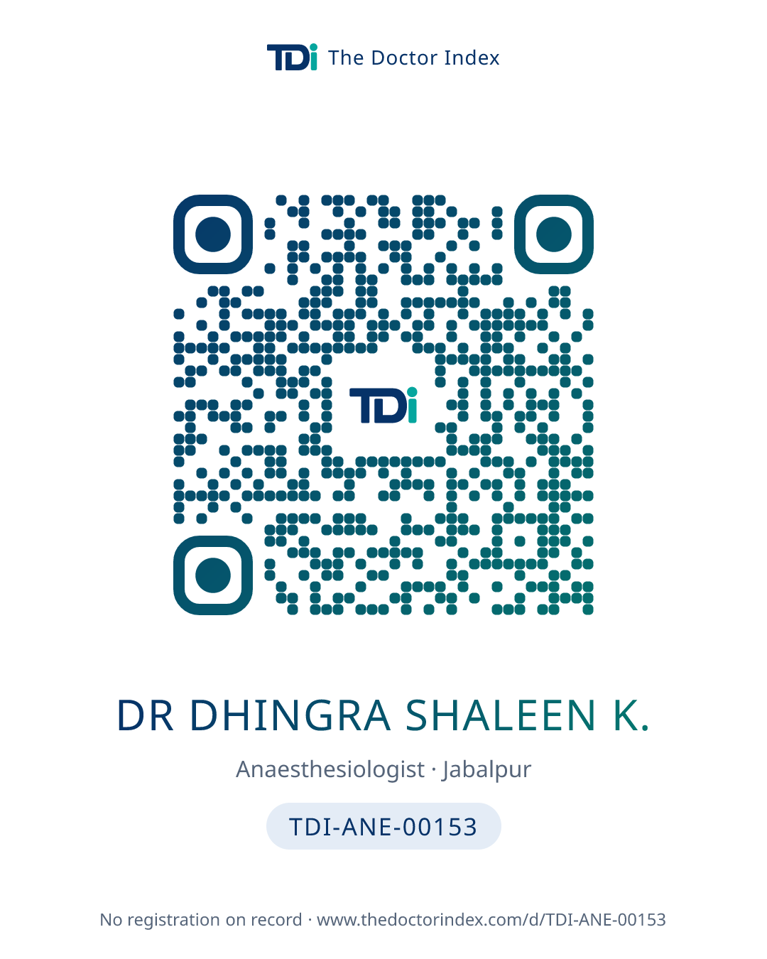 QR card for Dr Dhingra Shaleen K., TDI-ANE-00153
