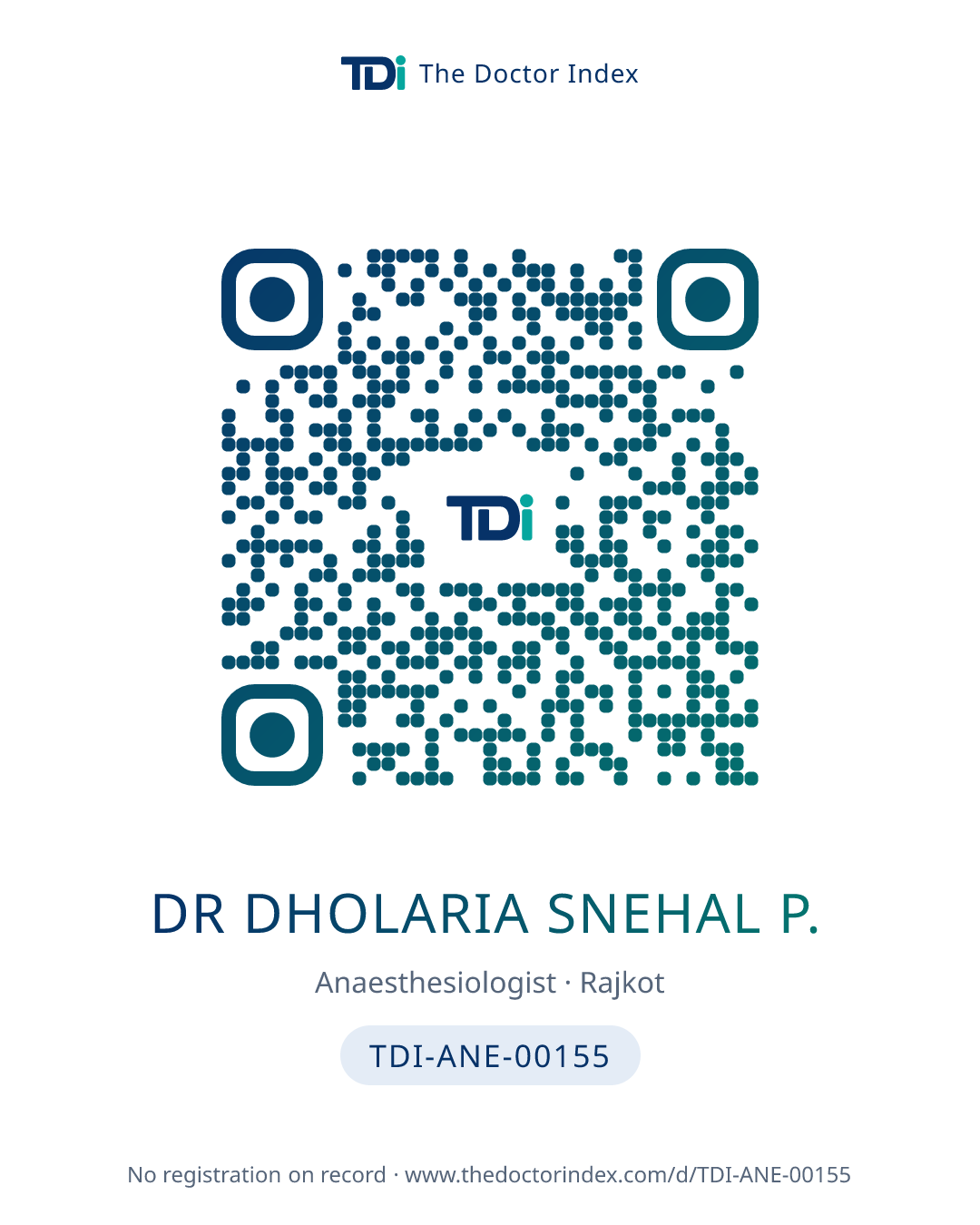 QR card for Dr Dholaria Snehal P., TDI-ANE-00155