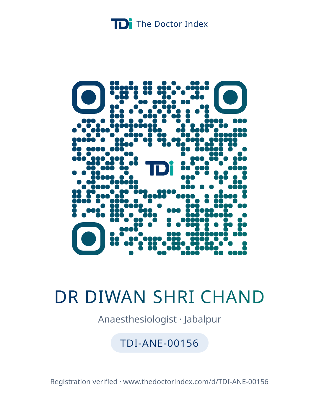 QR card for Dr Diwan Shri Chand, TDI-ANE-00156