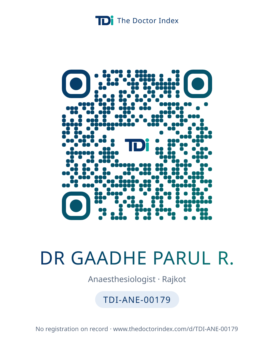 QR card for Dr Gaadhe Parul R., TDI-ANE-00179