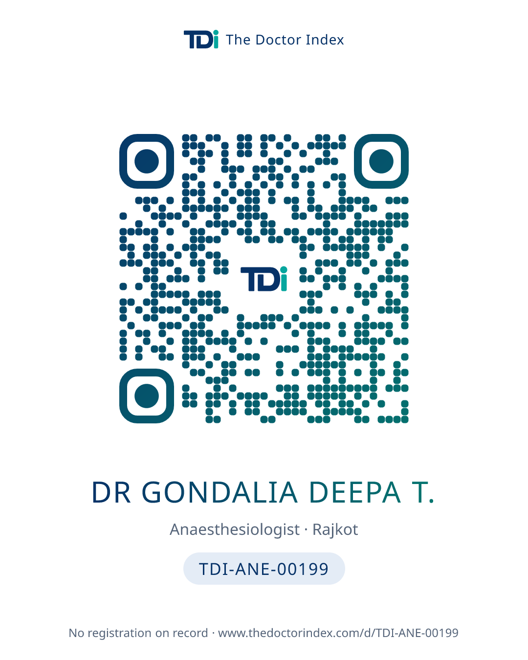 QR card for Dr Gondalia Deepa T., TDI-ANE-00199