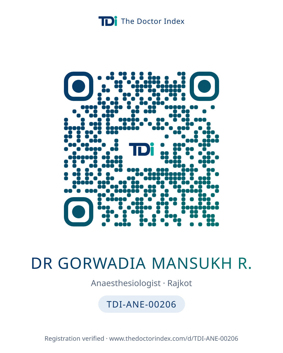 QR card for Dr Gorwadia Mansukh R., TDI-ANE-00206
