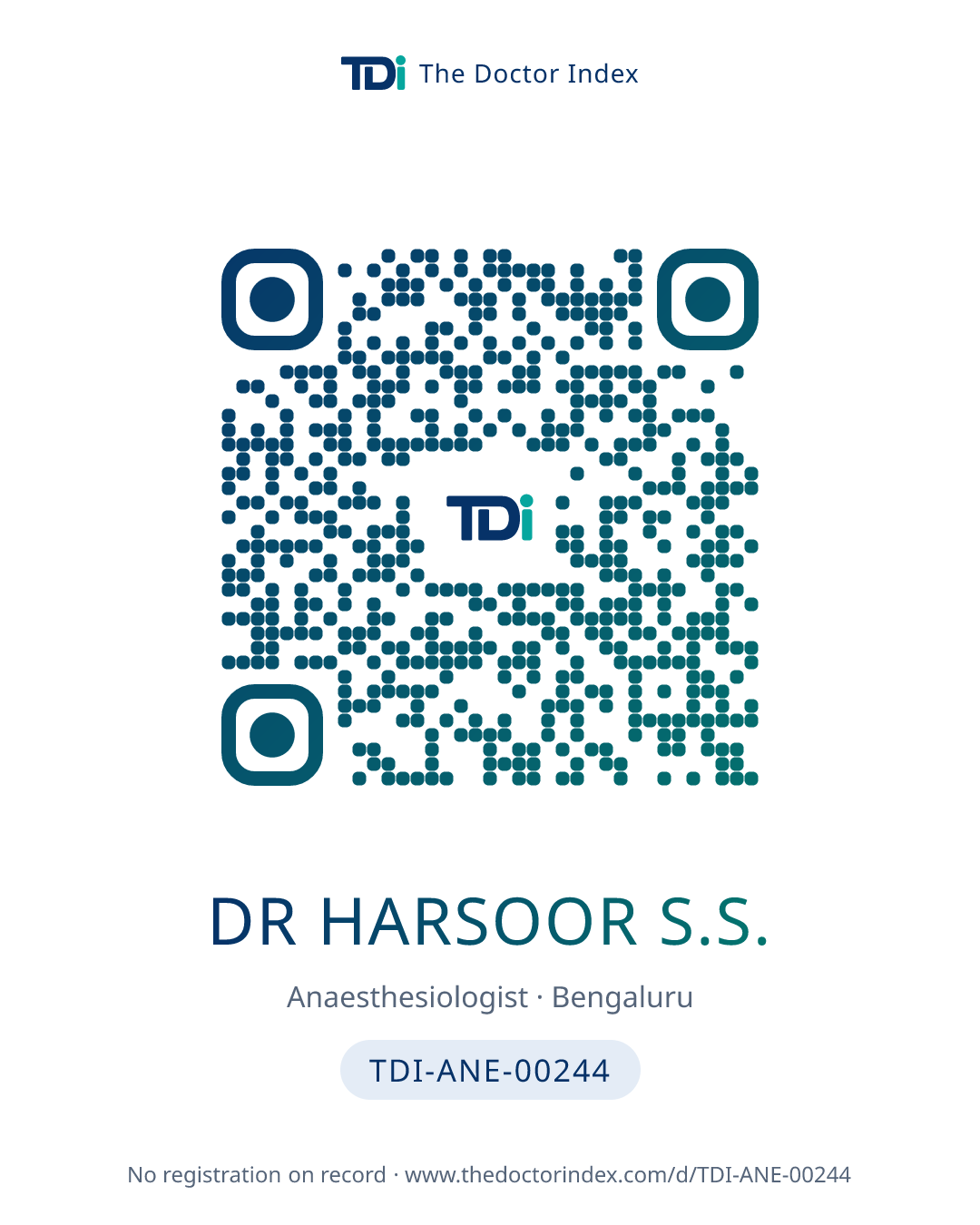 QR card for Dr Harsoor S.S., TDI-ANE-00244