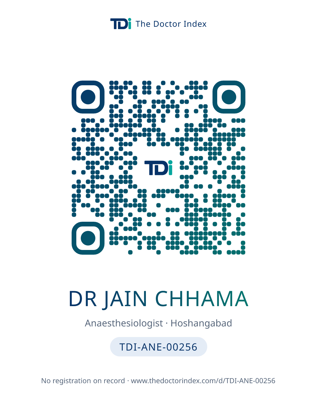 QR card for Dr Jain Chhama, TDI-ANE-00256