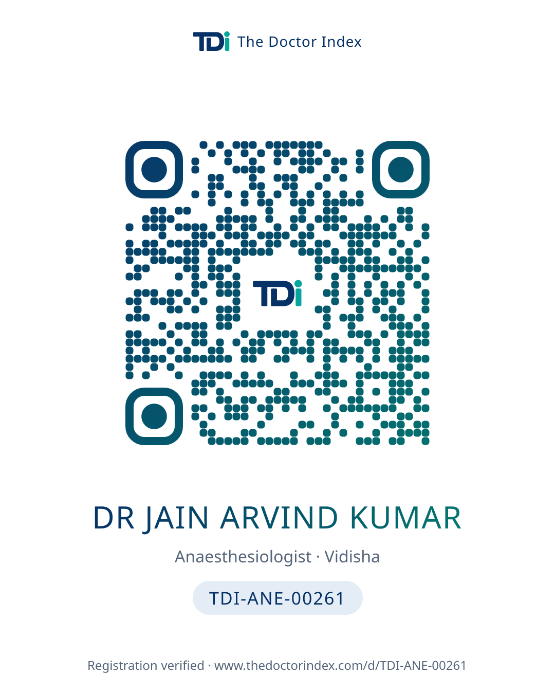 QR card for Dr Jain Arvind Kumar, TDI-ANE-00261
