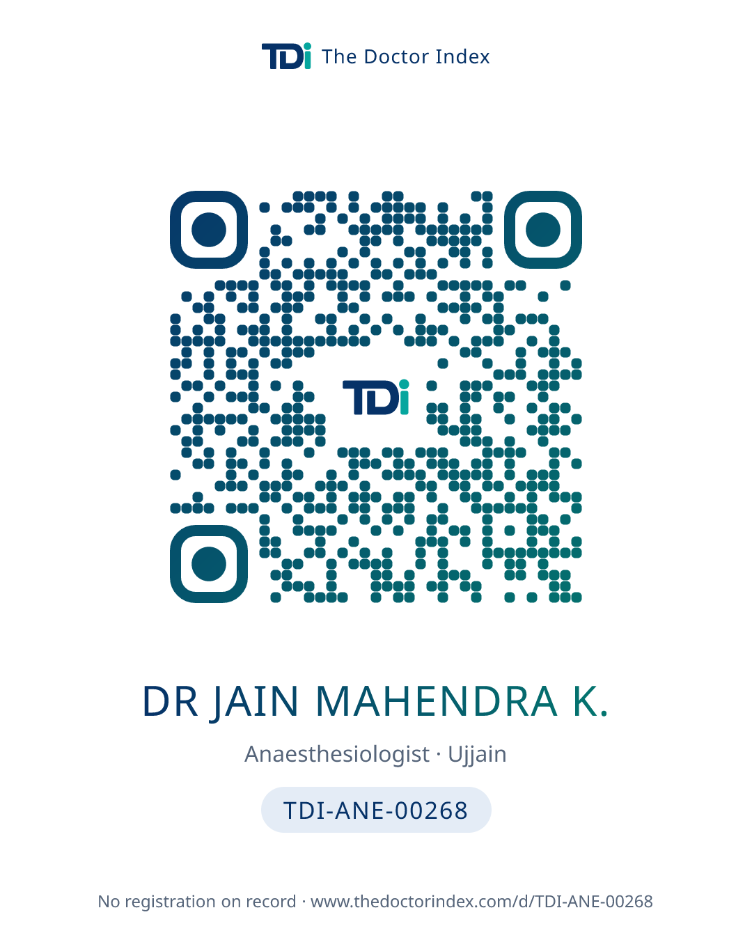 QR card for Dr Jain Mahendra K., TDI-ANE-00268