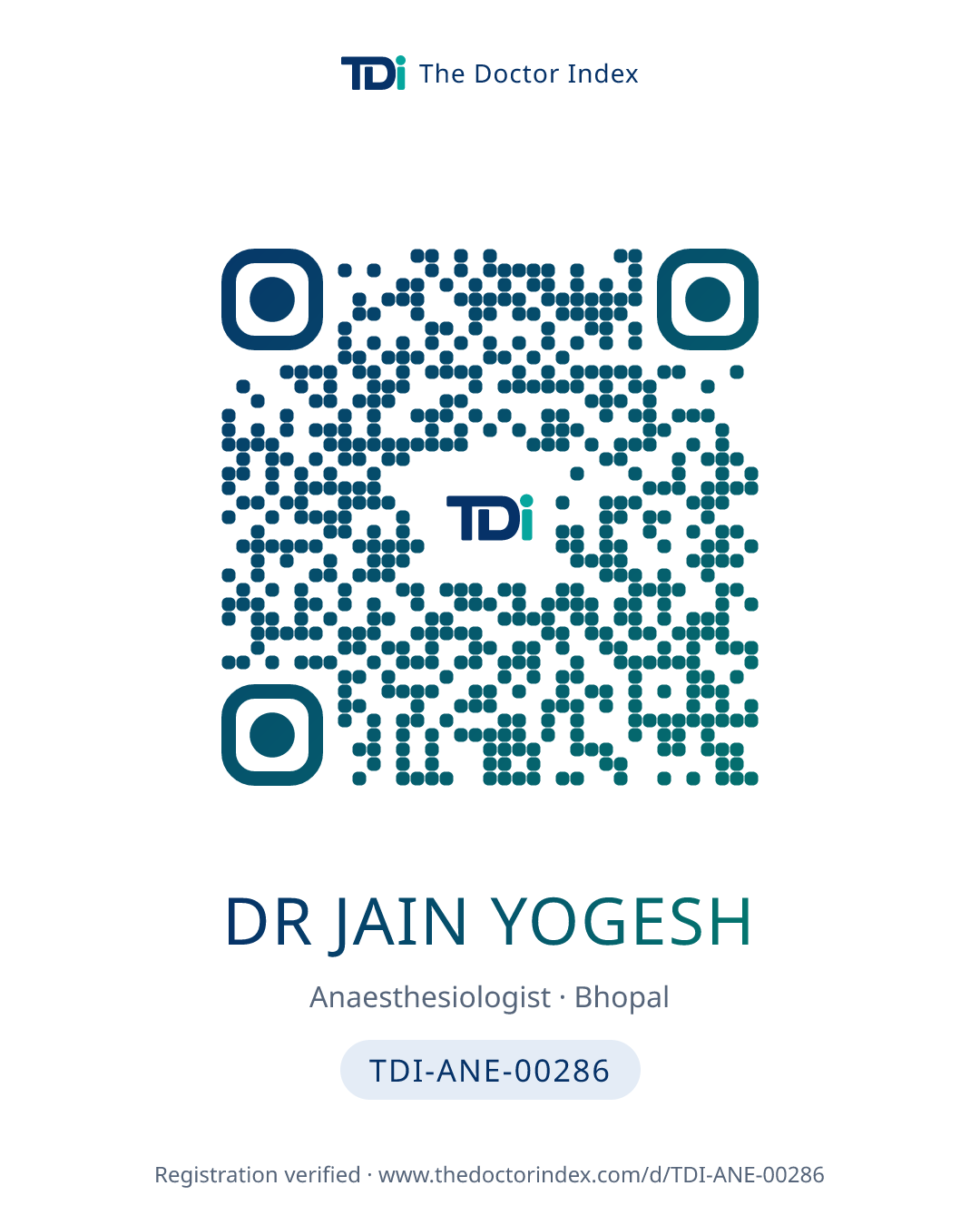 QR card for Dr Jain Yogesh, TDI-ANE-00286