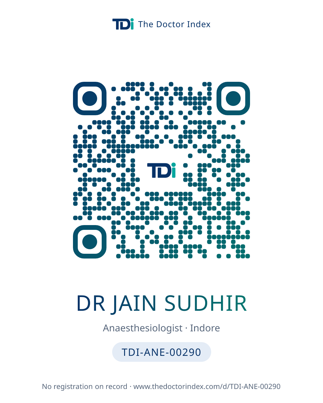 QR card for Dr Jain Sudhir, TDI-ANE-00290