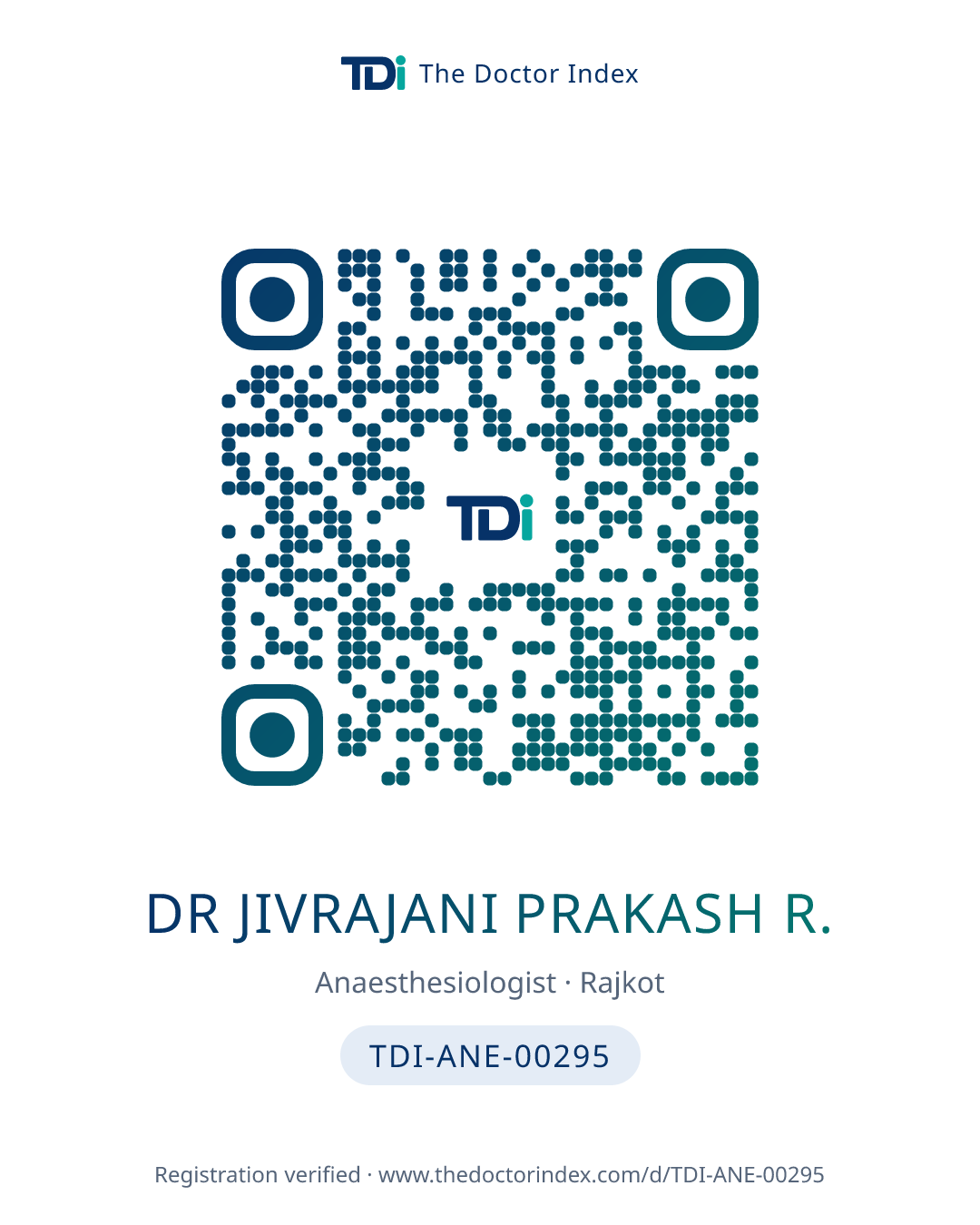 QR card for Dr Jivrajani Prakash R., TDI-ANE-00295