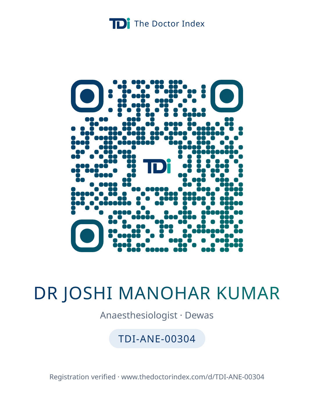 QR card for Dr Joshi Manohar Kumar, TDI-ANE-00304