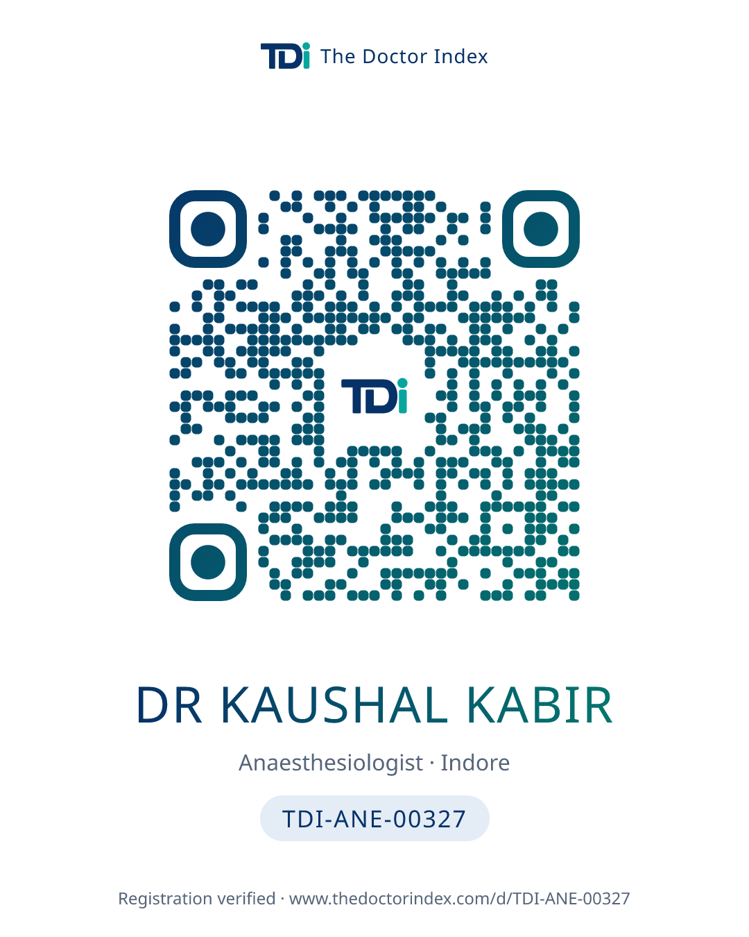 QR card for Dr Kaushal Kabir, TDI-ANE-00327