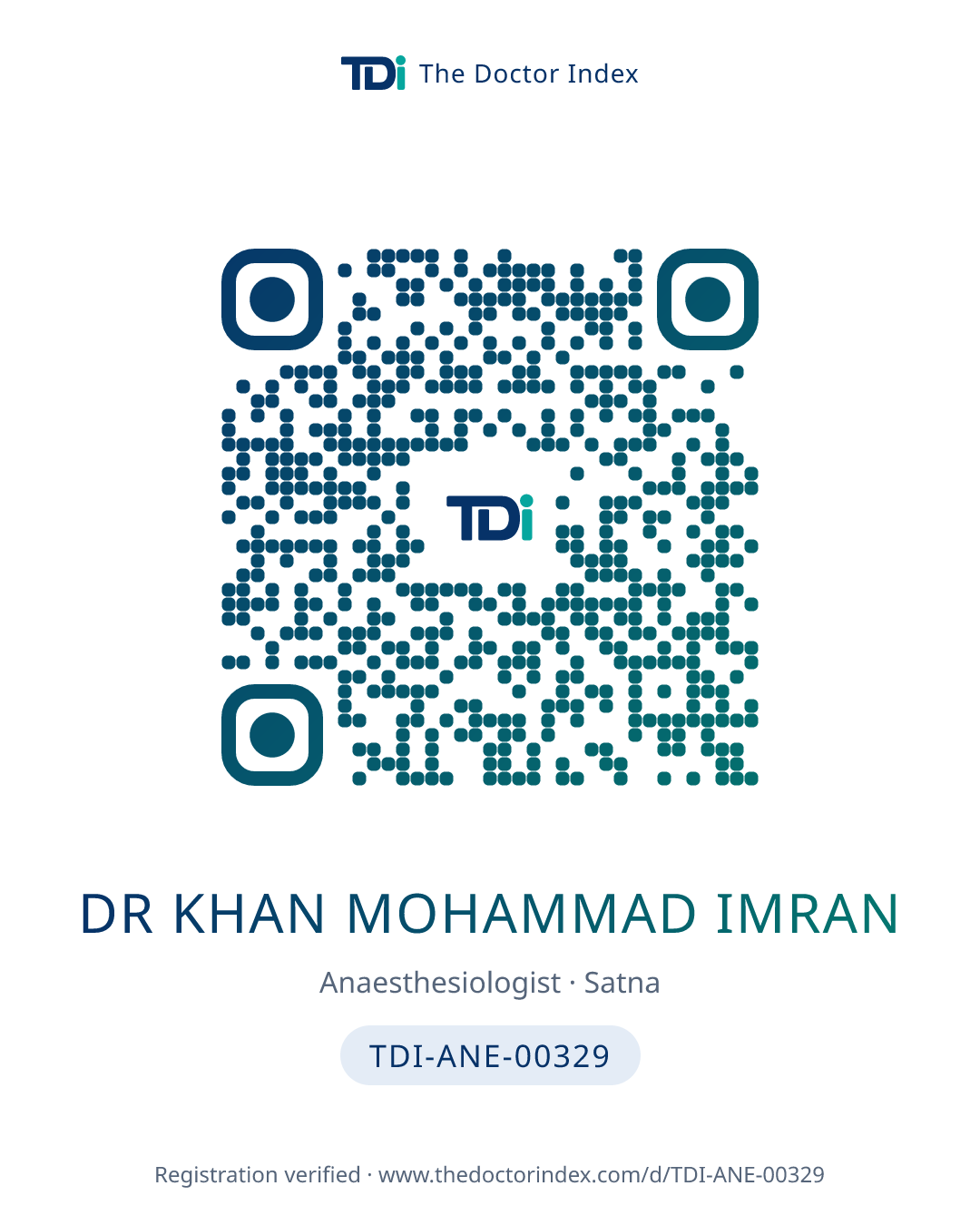 QR card for Dr Khan Mohammad Imran, TDI-ANE-00329
