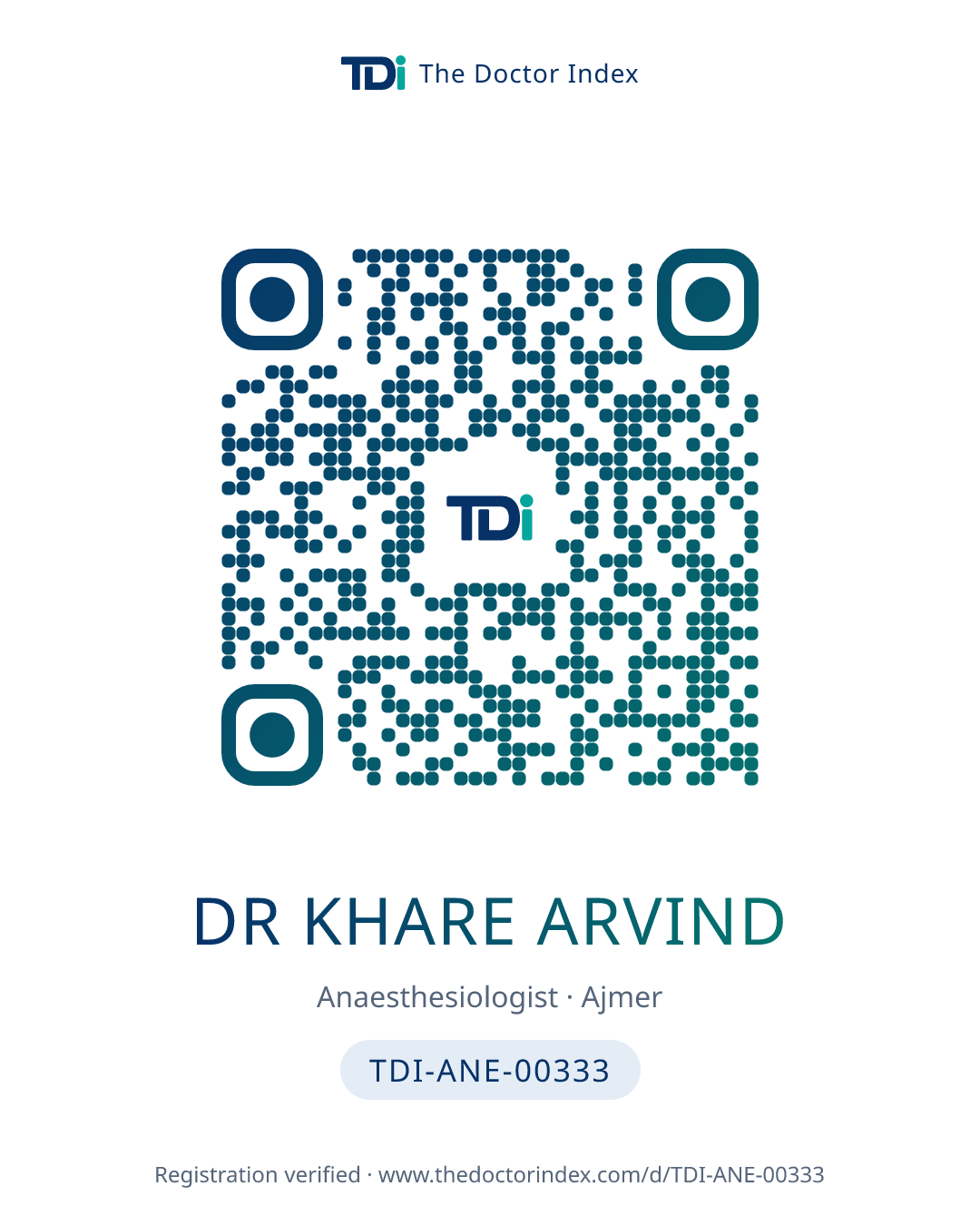 QR card for Dr Khare Arvind, TDI-ANE-00333