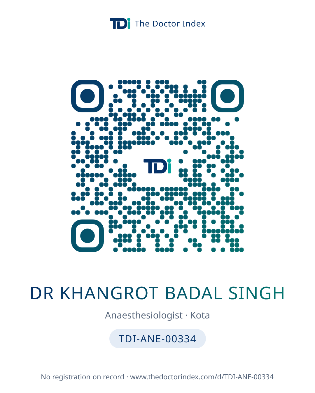 QR card for Dr Khangrot Badal Singh, TDI-ANE-00334