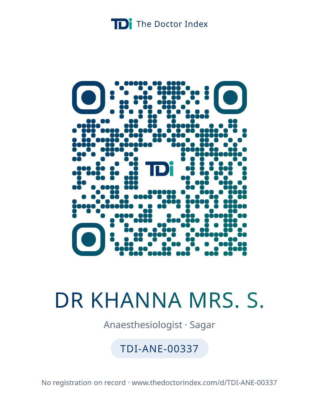 QR card for Dr Khanna Mrs. S., TDI-ANE-00337
