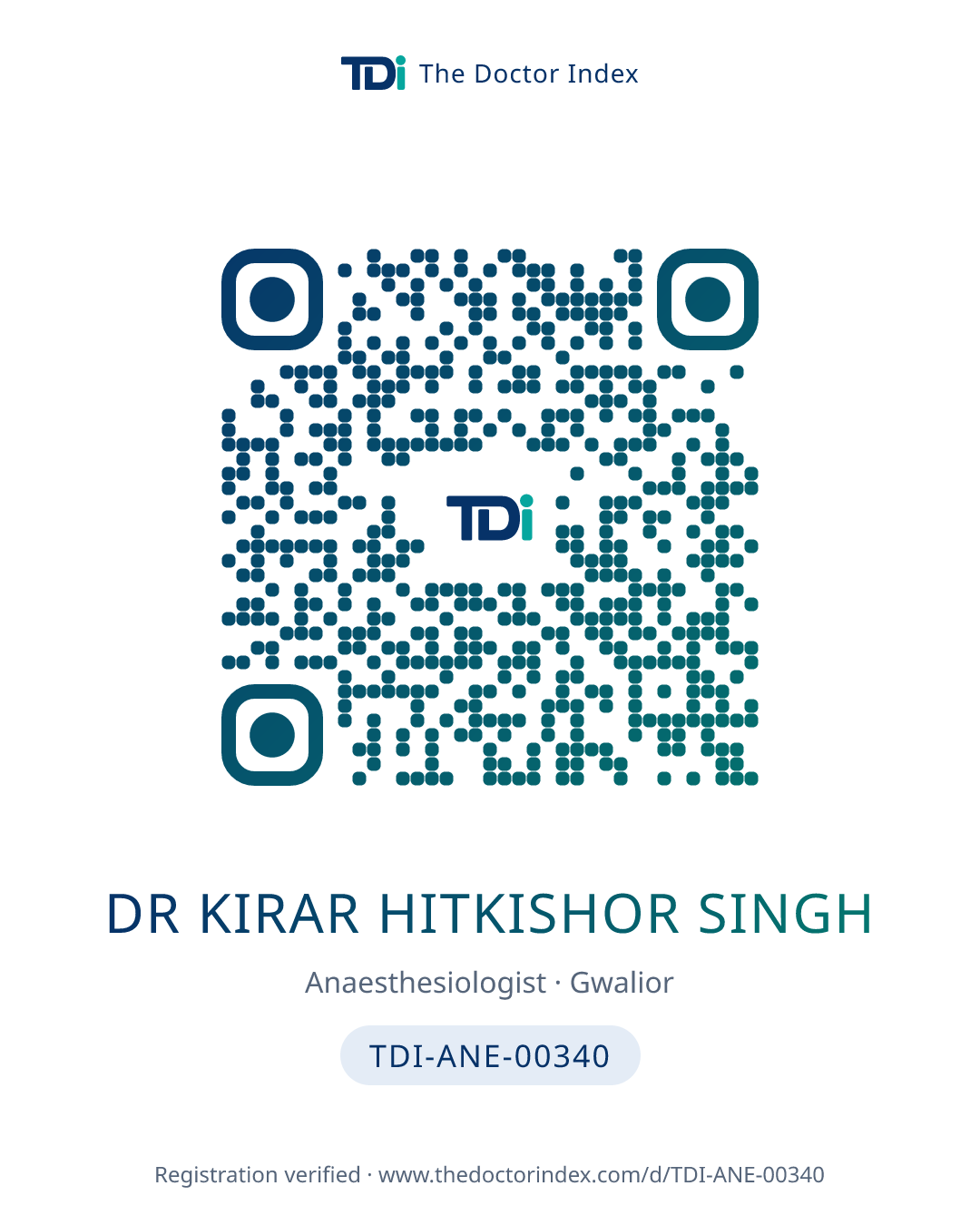 QR card for Dr Kirar Hitkishor Singh, TDI-ANE-00340