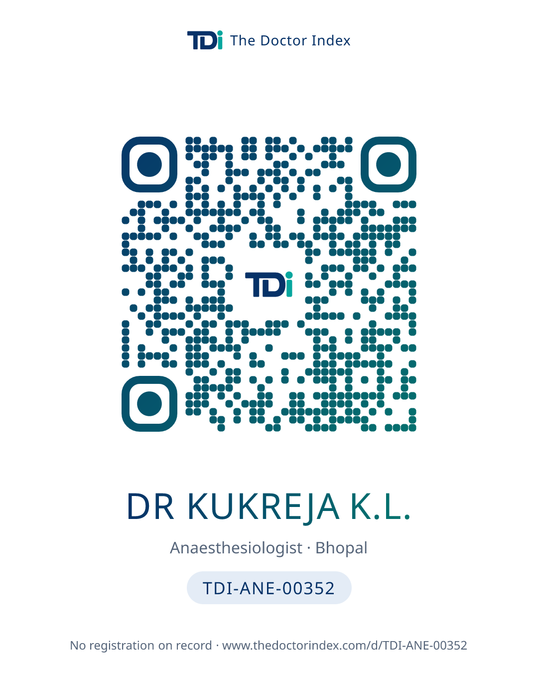 QR card for Dr Kukreja K.L., TDI-ANE-00352