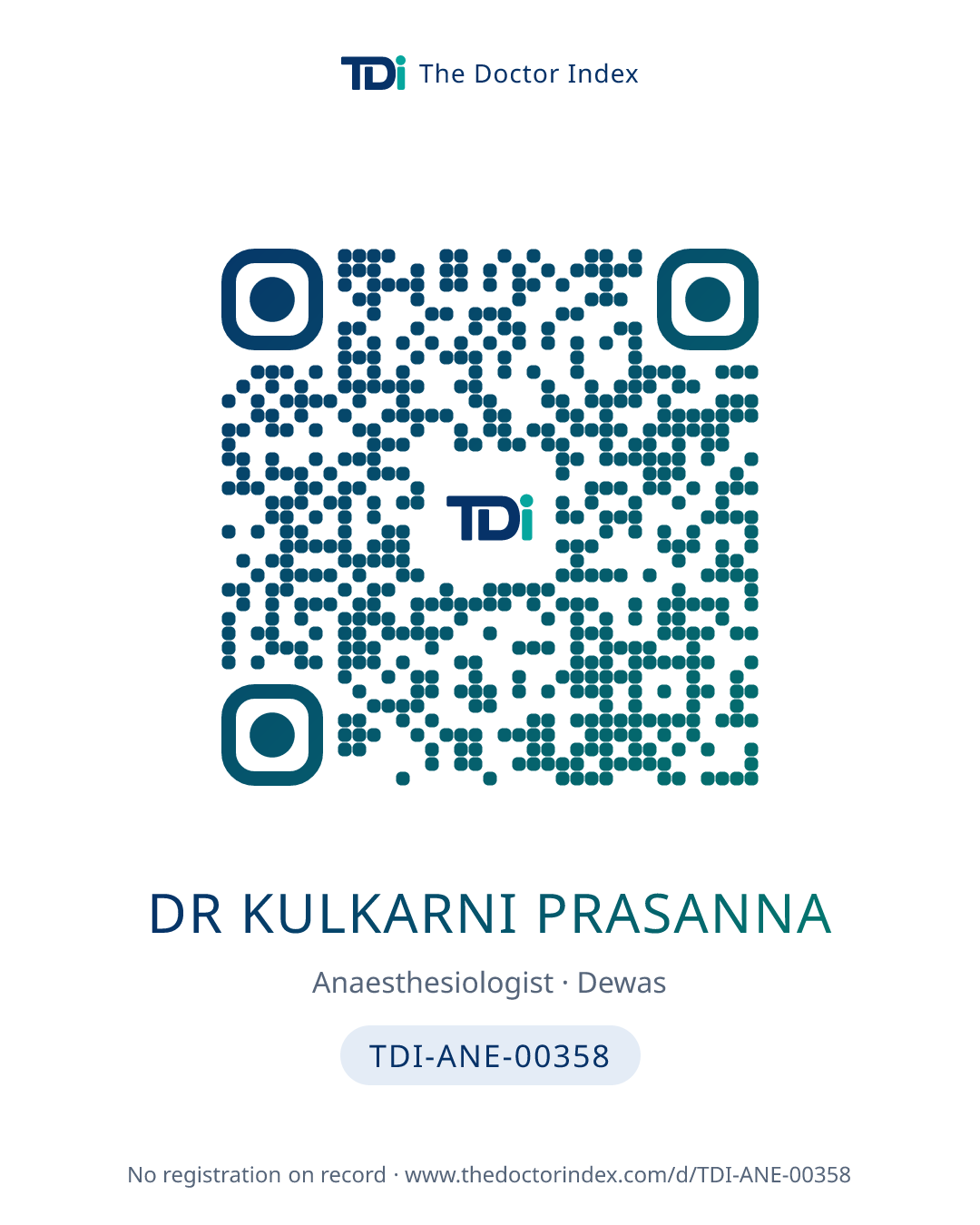 QR card for Dr Kulkarni Prasanna, TDI-ANE-00358