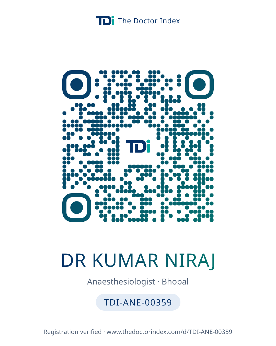 QR card for Dr Kumar Niraj, TDI-ANE-00359
