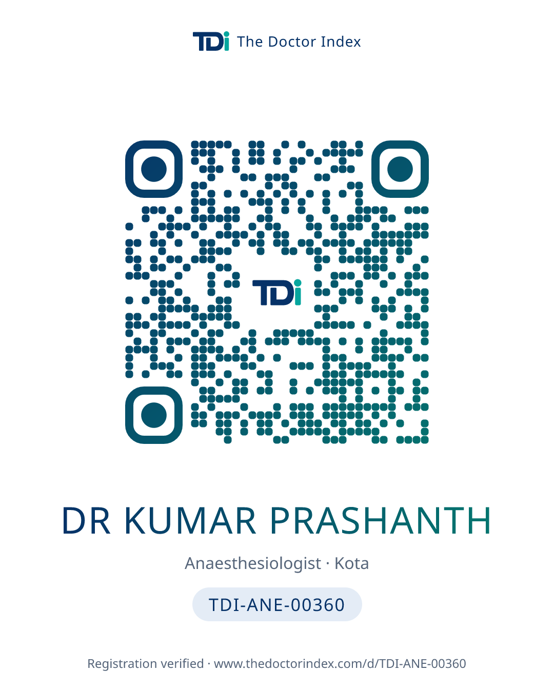 QR card for Dr Kumar Prashanth, TDI-ANE-00360