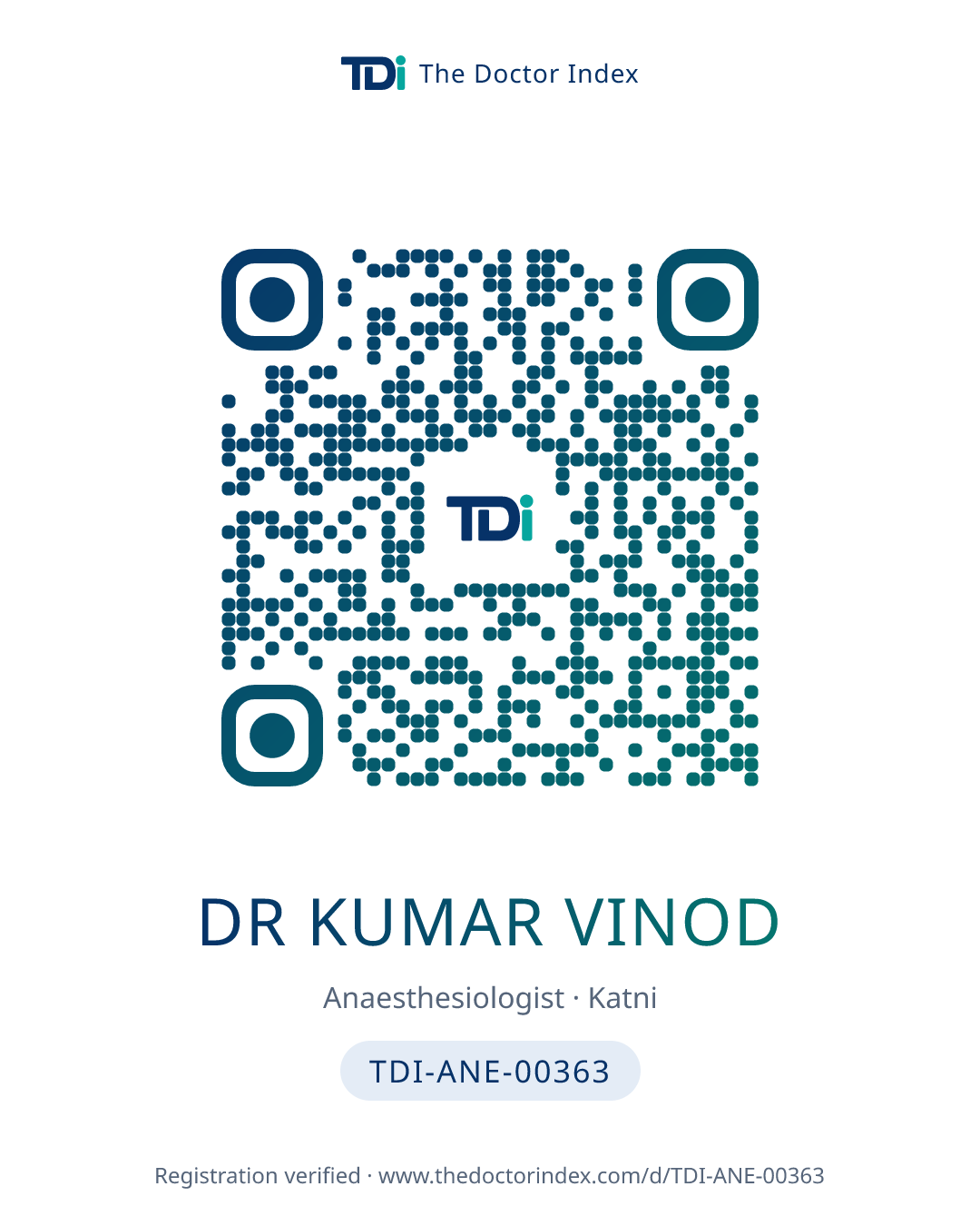 QR card for Dr Kumar Vinod, TDI-ANE-00363