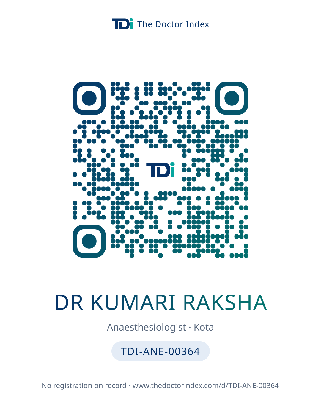 QR card for Dr Kumari Raksha, TDI-ANE-00364