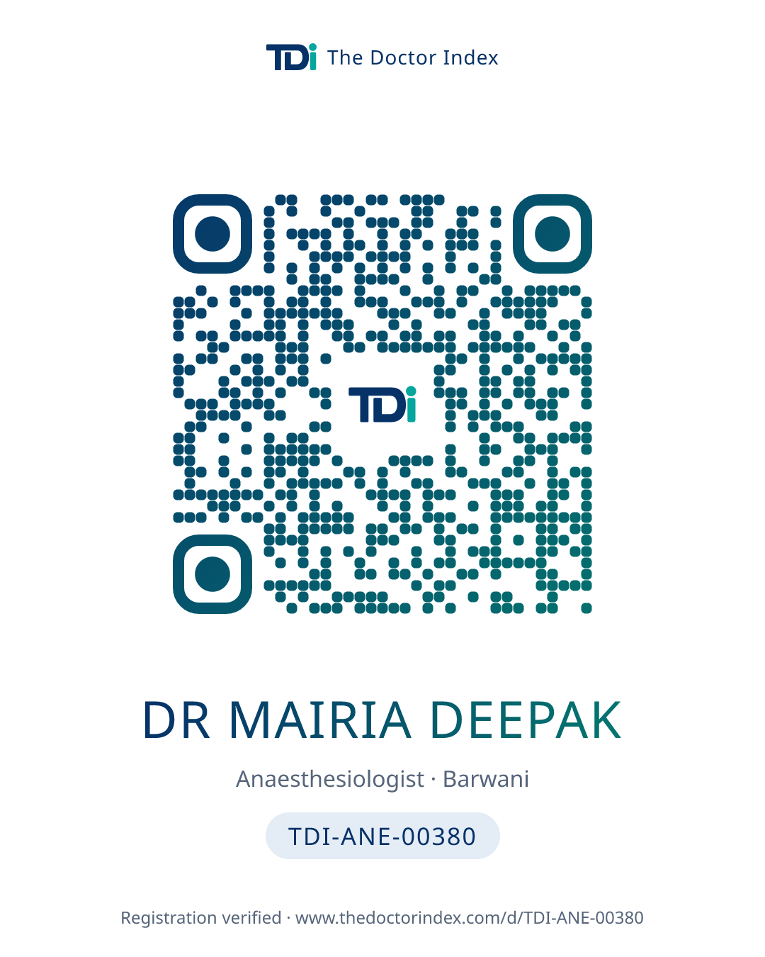 QR card for Dr Mairia Deepak, TDI-ANE-00380
