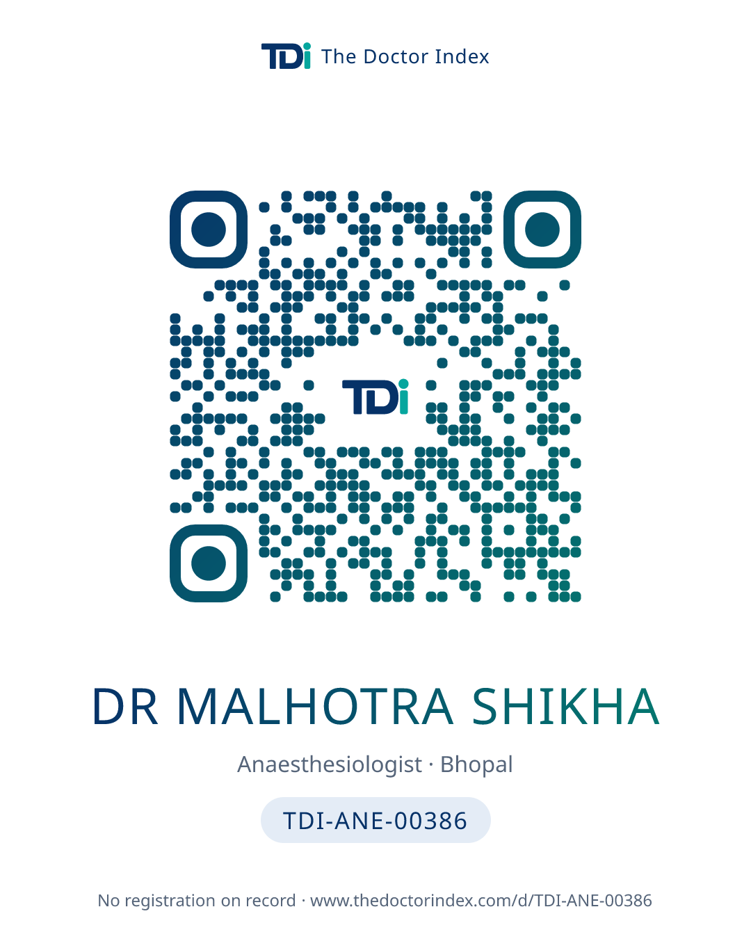 QR card for Dr Malhotra Shikha, TDI-ANE-00386